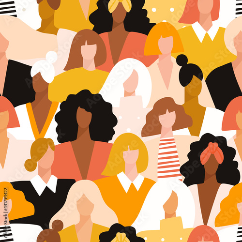 Seamless pattern with a group of diverse young modern female faces. Woman solidarity, support and power concept. Hand drawn girls characters vector illustration.