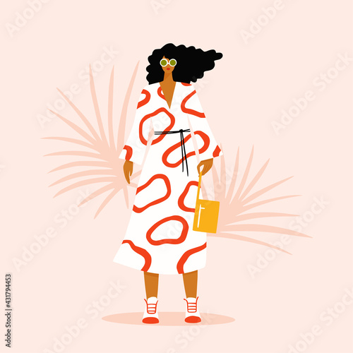 Young modern woman wearing trendy dress and sneakers . Summer vacation fashion outfit and accessories. Hand drawn girl character colorful vector illustration.