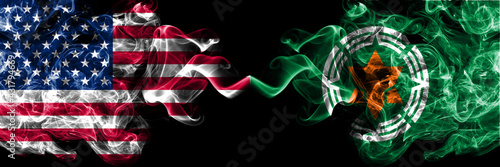 United States of America, America, US, USA, American vs Japan, Japanese, Teshio, Hokkaido, Rumoi, Subprefecture smoky mystic flags placed side by side. Thick colored silky abstract smoke flags. photo