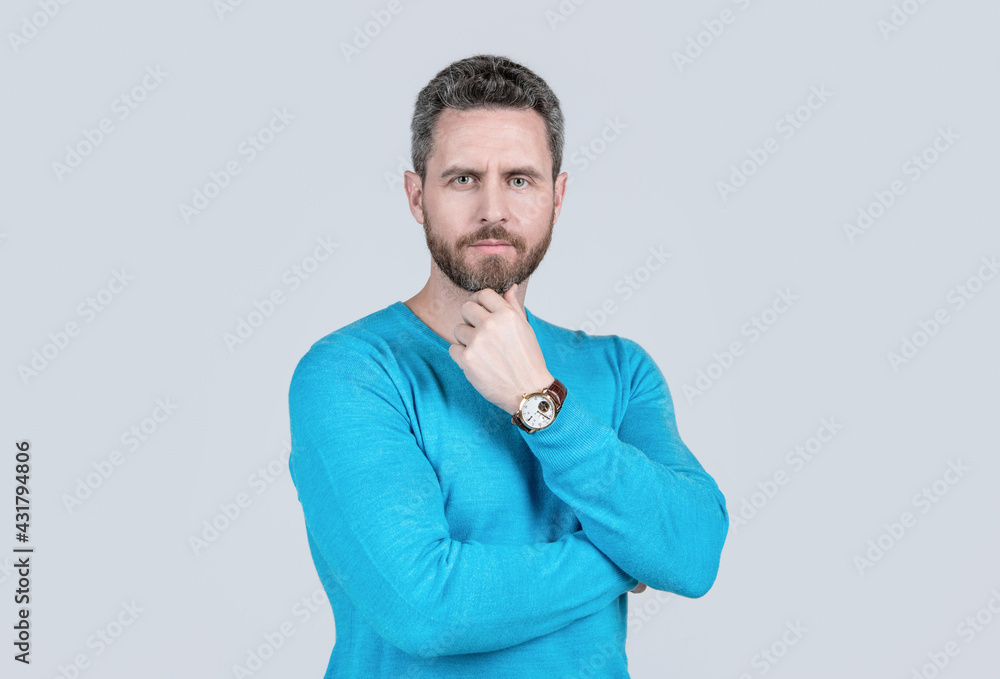 handsome mature man with beard on grey background with wristwatch, accessory handsome mature man with beard on grey background with wristwatch, accessory