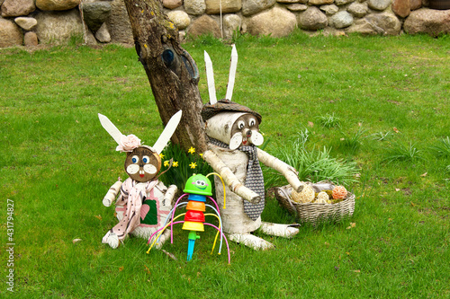 Bilde på lerret Hares made from birch logs. Easter decor.
