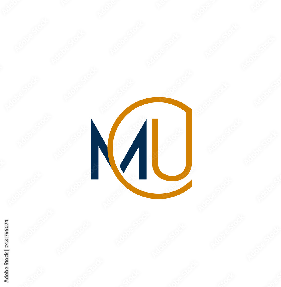MCU comapny Initial letters monogram design on white background. MCU logo in blue and golden color. MCU comapny Initial letters monogram design on white background. MCU logo in blue and golden color.