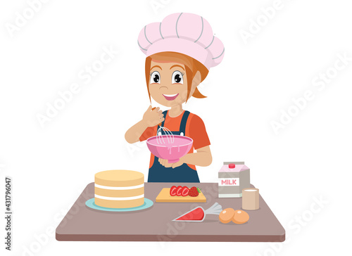 Little girl cooking making a cake 