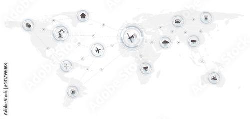 The Internet of Things (IoT) and the cloud network concept for connected smart devices. Spider network icons of network connections in a white map technological background. Vector