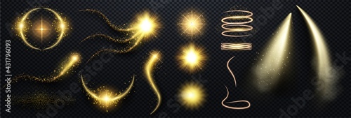 Set of Spotlight isolated on transparent background. Glowing shiny spirals light effect with gold rays and beams. Bright gold flashes and glares. Bright rays light. Glowing lines. Vector illustration