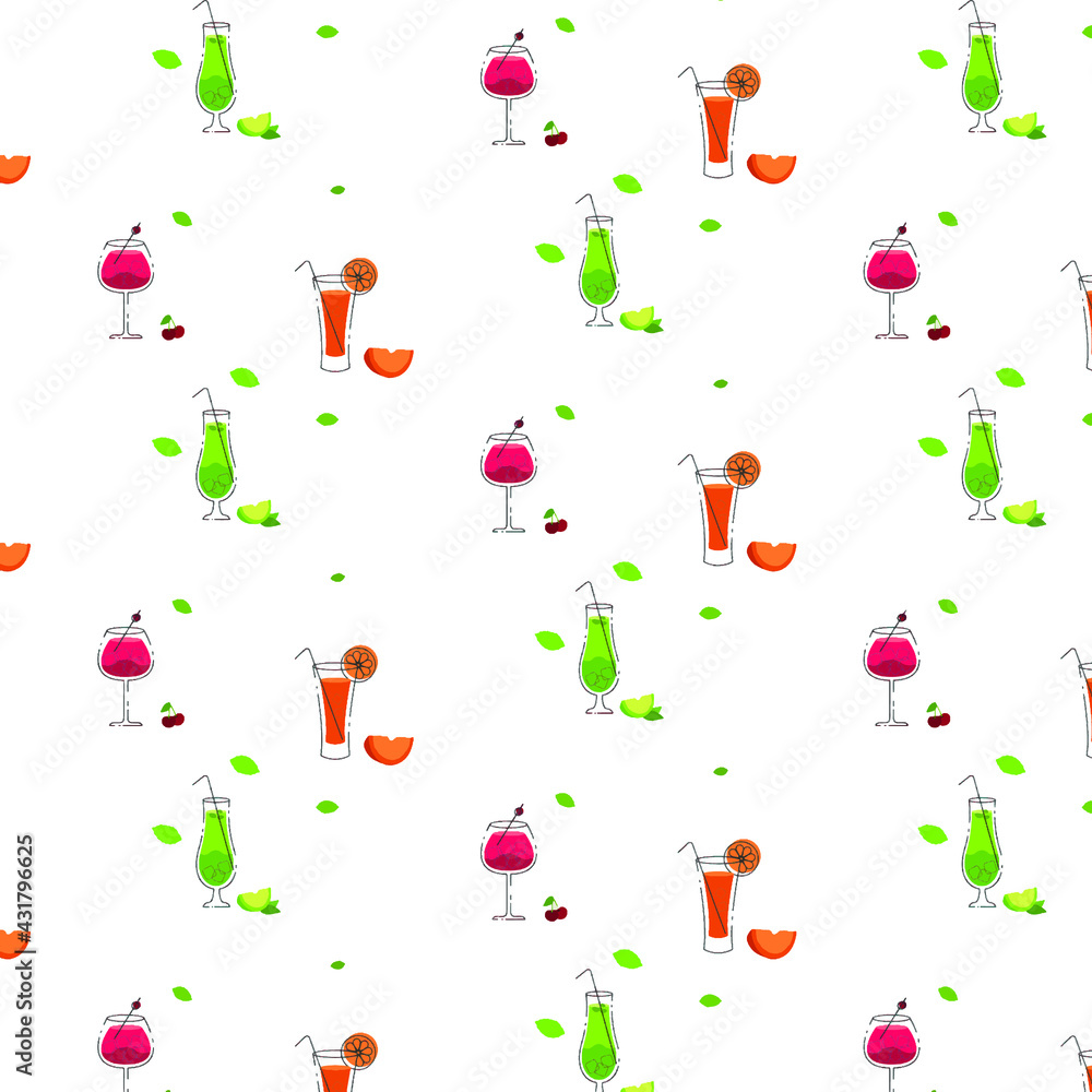 Summer delicious  fruit  drinks  . Vector pattern . Textiles for women's sundresses . Lightweight summer clothing . Blouses . Textiles for the menu in the cafe .