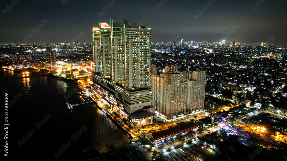 Jakarta, Indonesia, May 5, 2021 : Aerial view of Beautiful sunset view to night Jakarta