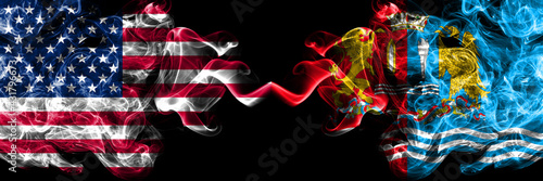 United States of America, America, US, USA, American vs Russia, Russian, Ivanovo Oblast smoky mystic flags placed side by side. Thick colored silky abstract smoke flags. photo