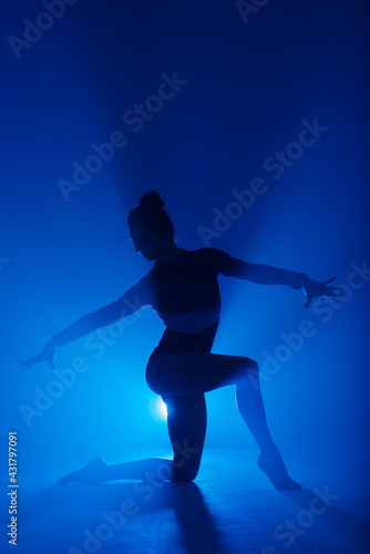 Professional ballerina dancing ballet in smoke. Female in black bodysuit on floodlights background. © Ivan Zelenin
