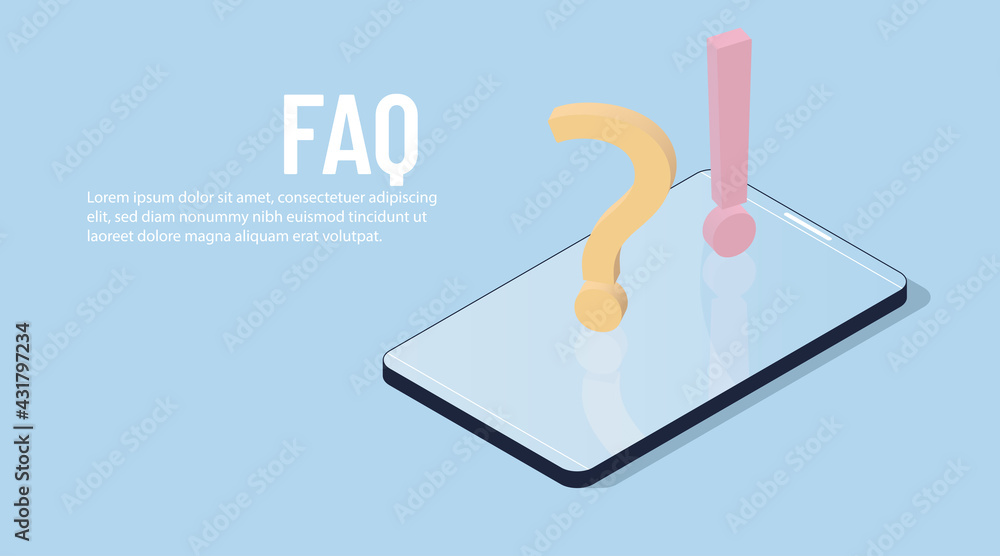 FAQ. Isometric vector smartphone with question and exclamation marks. Concept illustration art Support Center and online frequently asked QA background FAQ. Isometric vector smartphone with question and exclamation marks. Concept illustration art Support Center and online frequently asked QA background