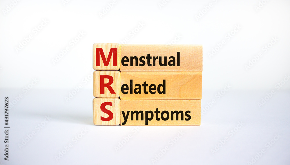 Medical and MRS, menstrual related symptoms symbol. Wooden blocks with the word 'MRS, menstrual related symptoms'. Beautiful white background. Copy space. Medical, MRS concept. Medical and MRS, menstrual related symptoms symbol. Wooden blocks with the word 'MRS, menstrual related symptoms'. Beautiful white background. Copy space. Medical, MRS concept.