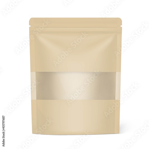 Pouch bag with ziplock and transparent window. Vector illustration. Front view. Can be use for template your design, presentation, promo, ad. EPS10.	