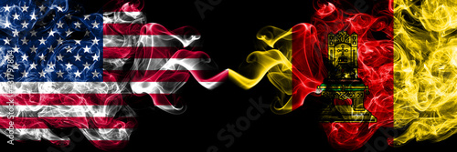 United States of America, America, US, USA, American vs Russia, Russian, Tver Oblast smoky mystic flags placed side by side. Thick colored silky abstract smoke flags. photo