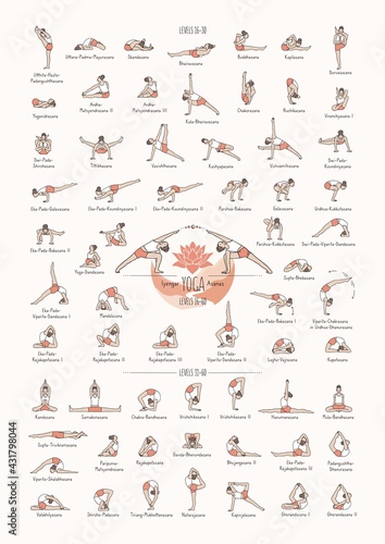 Fotografie, Obraz Hand drawn poster of hatha yoga poses and their names, Iyengar yoga asanas diffi