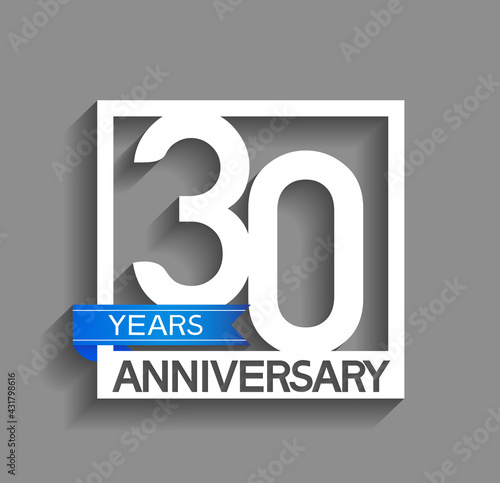 30 years anniversary logotype with white color in square and blue ribbon isolated on grey background. vector can be use for company celebration purpose