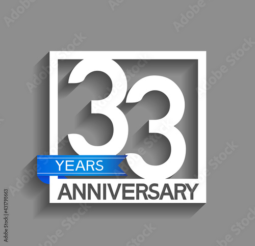 33 years anniversary logotype with white color in square and blue ribbon isolated on grey background. vector can be use for company celebration purpose