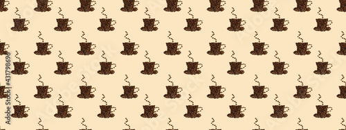 Creative banner with a drink  flat lay. A cup of hot coffee  cappuccino  latte or americano with steam on top  lined with coffee beans on a light beige background.