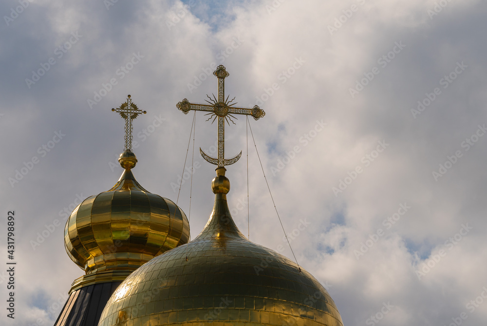 Crosses on the domes of an Orthodox church.