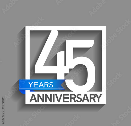 45 years anniversary logotype with white color in square and blue ribbon isolated on grey background. vector can be use for company celebration purpose
