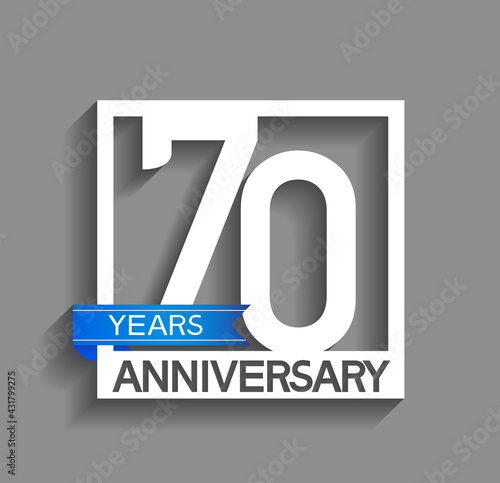 70 years anniversary logotype with white color in square and blue ribbon isolated on grey background. vector can be use for company celebration purpose