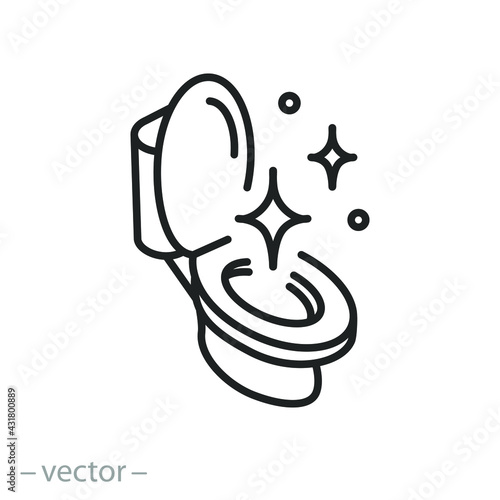 clean toilet icon, shine surface wc bowl, hygiene bathroom concept, keep toilette sanitary, thin line symbol on white background - editable stroke vector eps10