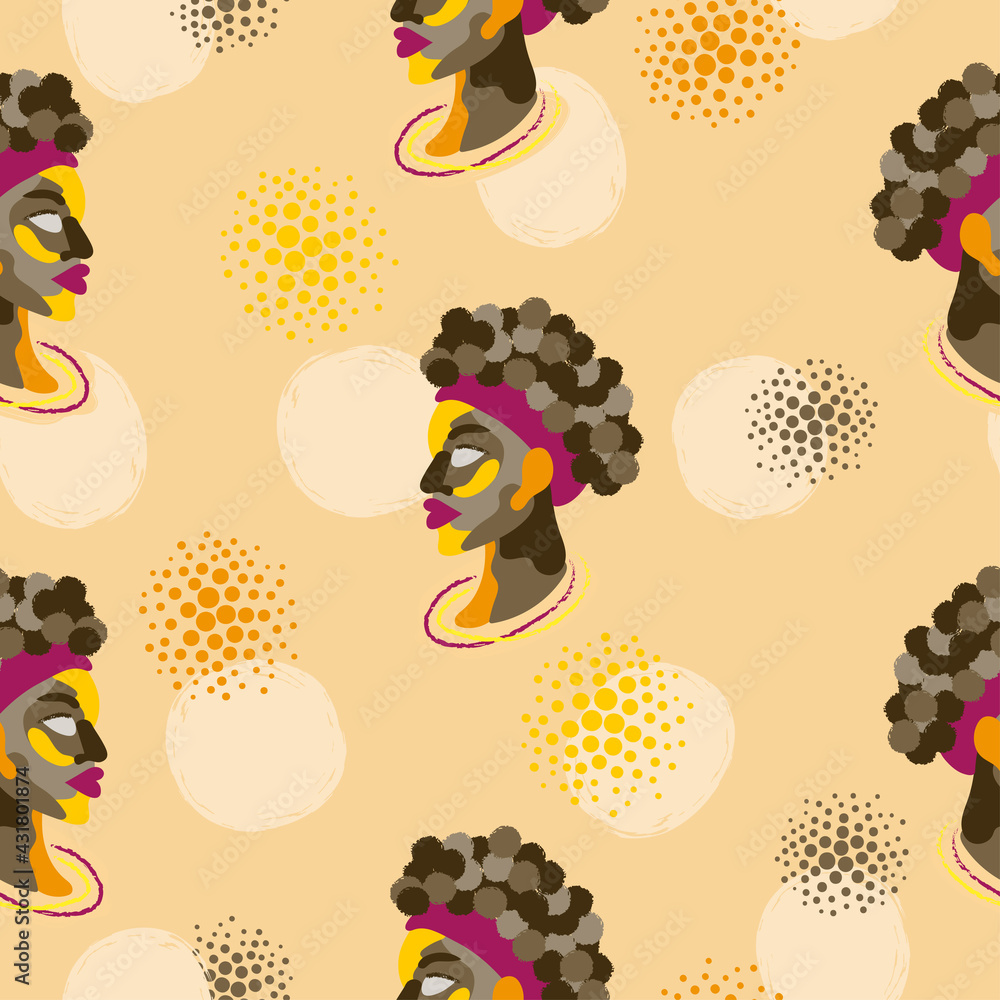 Fototapeta premium Afro woman abstract portrait seamless pattern. Vector African girl background