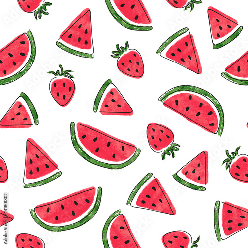 Seamless watermelon and strawberry pattern. Summer watercolor berry print