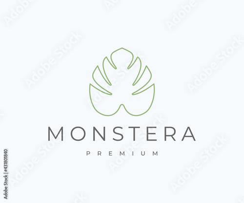 Simple Line Art of Monstera Leaf Tropical Nature logo design vector illustration