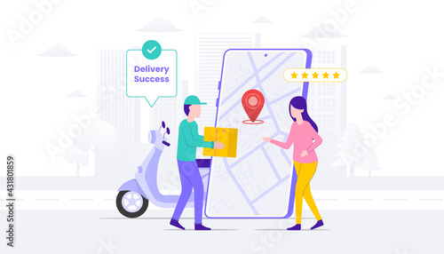 Delivery success illustration. Woman cash on delivery with courier man. Suitable for user interface  ui  ux  web  mobile  banner and infographic.