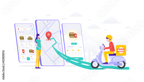 Digital online fast food burger delivery on scooter with phone. Cash on delivery. Mobile website background illustration. Suitable for user interface, ui, ux, web, mobile, banner and infographic.