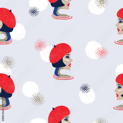 Seamless pattern with portrait of French woman. Vector abstract girl in red beret background