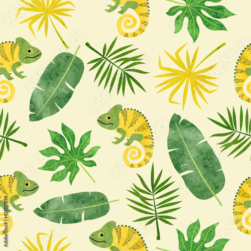 Seamless watercolor pattern with chameleons and tropical leaves.