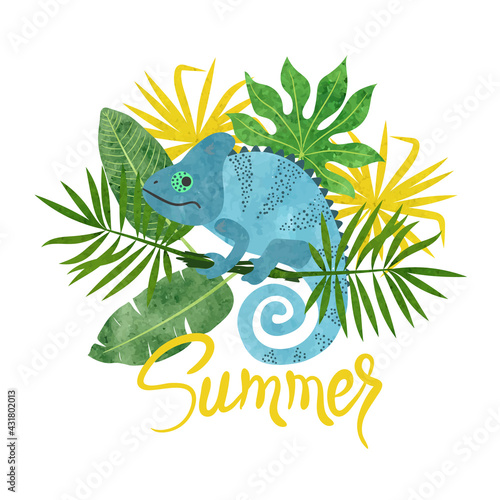 Cute chameleon and tropical leaves. Watercolor summer vector illustration.