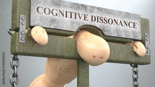 Cognitive dissonance that affect and destroy human life - symbolized by a figure in pillory to show Cognitive dissonance's effect and how bad, limiting and negative impact it has, 3d illustration