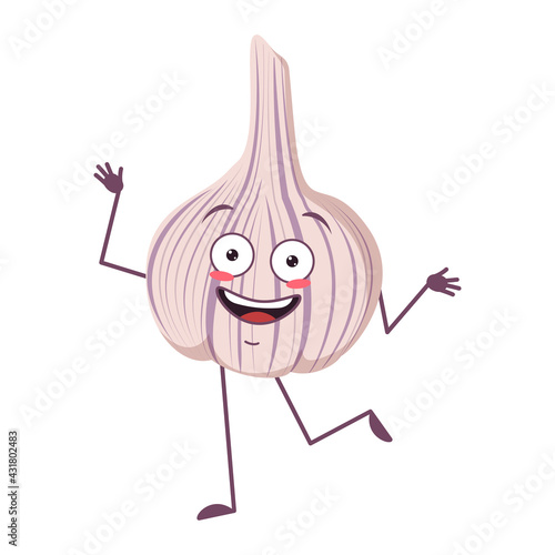 Cute garlic characters cheerful with emotions dancing, face, arms and legs. The funny, happy or smile emotions hero, vegetable