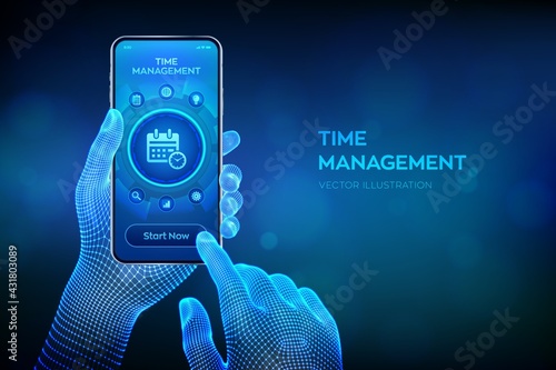 Time management concept planning, organization, working time. Project management efficiency succesful strategy concept on virtual screen. Closeup smartphone in wireframe hand. Vector illustration.