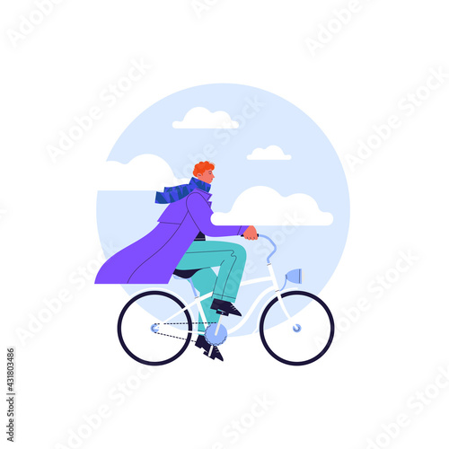 Flat illustration of a guy with red hair riding white vintage cruiser bicycle with blue sky and clouds cropped in circle on the background