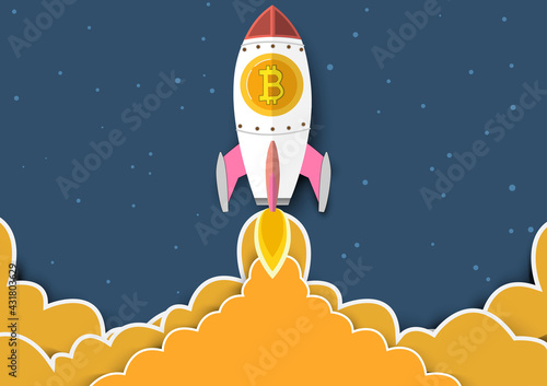 Blockchain with a rocket. Bitcoin is Symbol going in to sky.Blockchain technologies,bitcoins,altcoins,finance digital money market, Vector banner and Digital cryptocurrency concept.