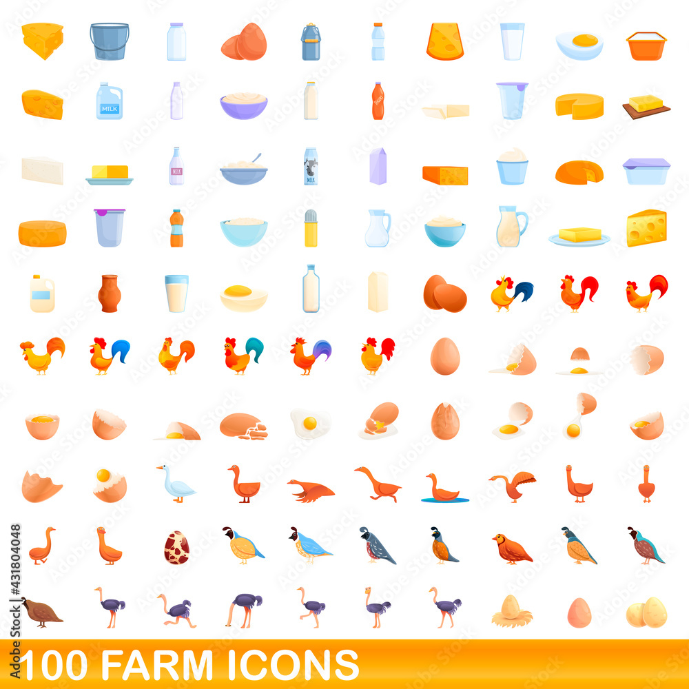 100 farm icons set. Cartoon illustration of 100 farm icons vector set isolated on white background