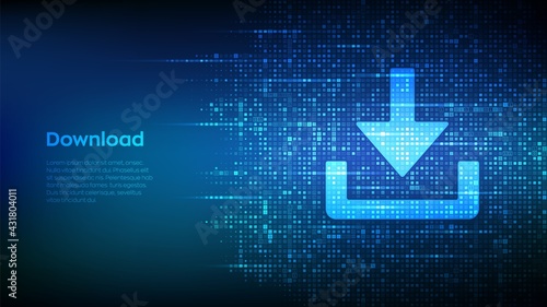 Download icon made with binary code. Download Cloed Data Storage. Install symbol. Digital binary data and streaming digital code. Matrix background with digits 1.0. Vector Illustration.
