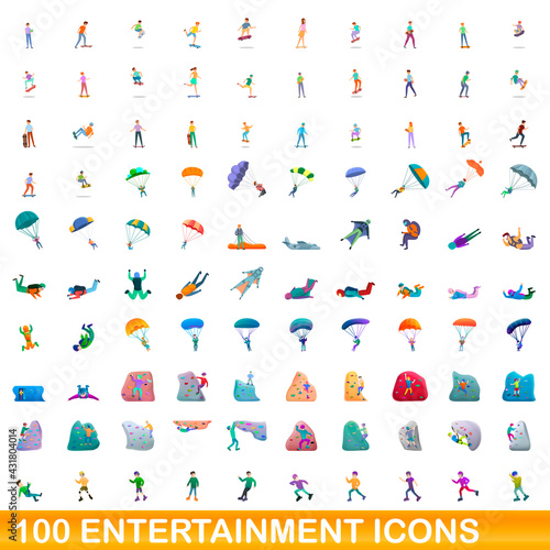 100 entertainment icons set. Cartoon illustration of 100 entertainment icons vector set isolated on white background