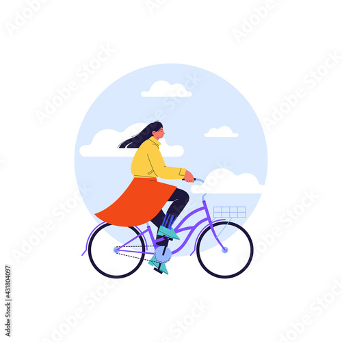 Flat illustration of a girl with long hair riding purple vintage cruiser bicycle with blue sky and clouds cropped in circle on the background