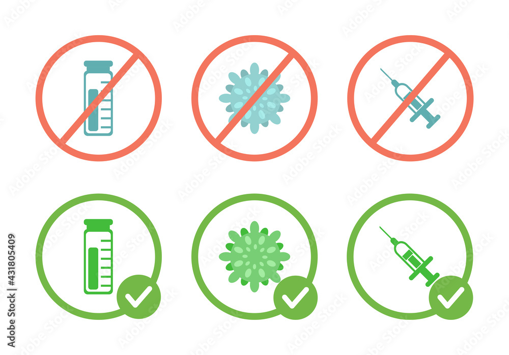 Fototapeta premium No vaccine, viruses, and syringes prohibition sign, and vaccination allowed symbols vector flat illustration isolated on white background. Medicine icons in crossed out red and green circle.