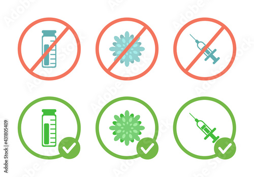 No vaccine, viruses, and syringes prohibition sign, and vaccination allowed symbols vector flat illustration isolated on white background. Medicine icons in crossed out red and green circle.
