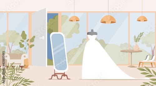 Wedding shop interior design with bride dress vector flat illustration. Bridal boutique with mannequins, mirror, flowers and plants in pots. Preparation for wedding ceremony, choosing marriage dress.