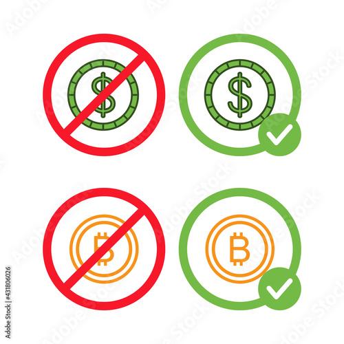 Free Download Bitcoin and dollar signs in crossed out red circles and in green circles vector flat illustrations isolated on white background. Modern BTC crypto currency and regular money allowed and prohibited. - GFXLoad