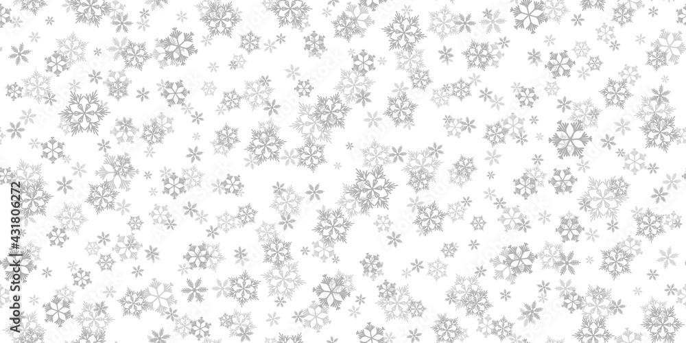 Winter seamless pattern with grey snowflakes on white background. Vector illustration for fabric, textile wallpaper, posters, gift wrapping paper. Christmas vector illustration. Falling snow