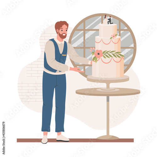 Wedding manager in formal dress checking wedding cake vector flat illustration. Happy smiling man planning treats for marriage party. Preparation for wedding ceremony and bridal party concept.
