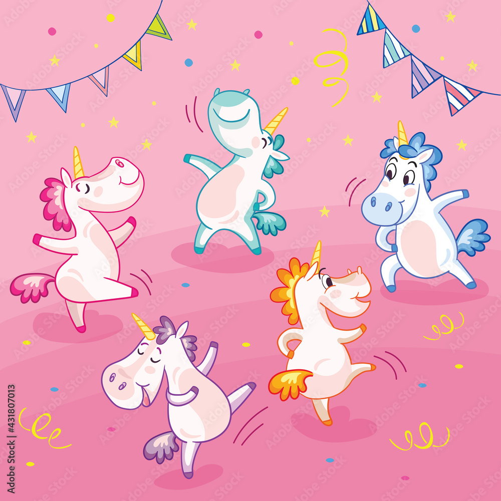 Naklejka premium Colorful vector illustration cute and happy dancing unicorns