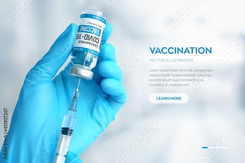 COVID-19 coronavirus vaccine. Vaccination concept. Doctor's hand in blue gloves hold medicine vaccine vial bottle and syringe. Development and creation of a coronavirus vaccine. Vector illustration.